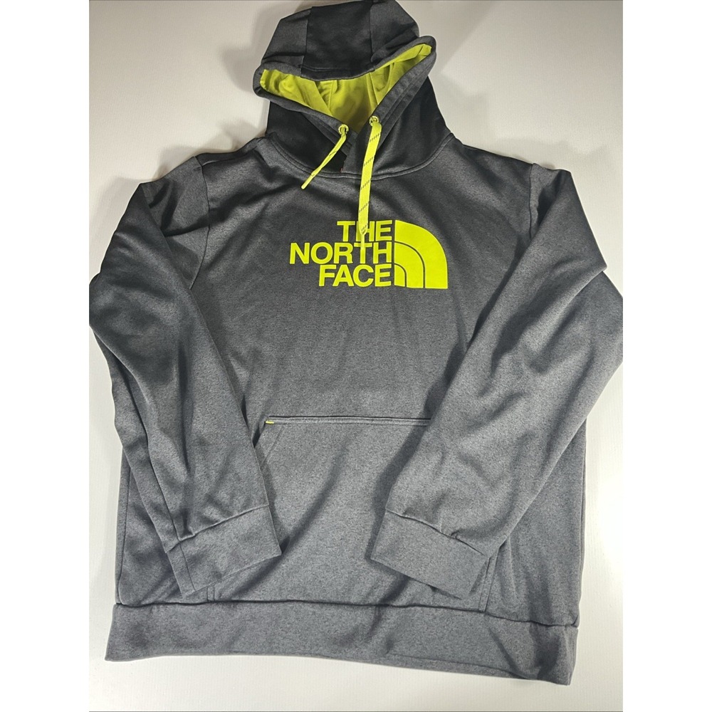 The North Face Men's Logo Hoodie in Gray and Neon Yellow - Size Large